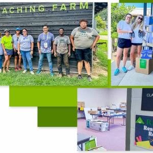 Collage of photos of volunteers on a farm, next to stacks of boxes, and a Resource Room.