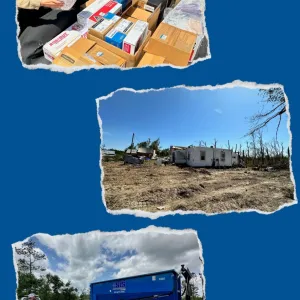 Collage of photos of the damage caused by the tornado and help from volunteers 