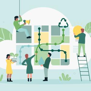 Illustration of people building technology in a cloud 