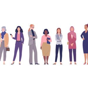 An illustration of diverse multinational cartoon women standing side by side in business outfits.
