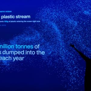 "Real-time plastic stream, Over 8 million tonnes of plastic is dumped into the oceans each year" with blue background