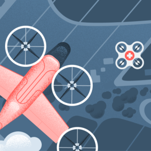 stylized image of a pink drone flying over a blue landscape