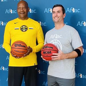 Alex English (left) and Bob Ruff (right) get ready for tip off. 