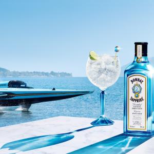 Speedboat pictured next to bottle and glass of Bombay Sapphire
