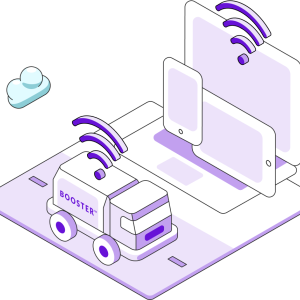 An illustration of a purple Booster tanker with a wifi symbol floating above. In he background, phones and tablets float with a wifi symbol. 