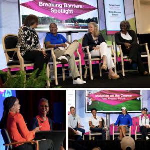 Collage of photos from people sat on stage at the SOAR Inclusion Summit 