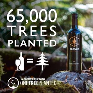 Graphic of bottle of Browne Forest Project wine that says "65,000 trees planted in partnership with OneTreePlanted"