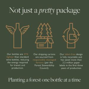 "Not just a pretty package; our bottles are 31% lighter than standard wine bottles, reducing the energy required for transit and production; our shipping cartons are sourced from responsibly managed forests (per the Forest Stewardship Council); our label-free design is fully recyclable and has saved more than 2.2 million paper labels in the first three years of production"