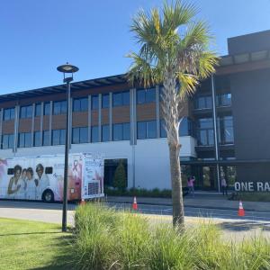 Buddy Bus parked outside Rayonier’s headquarters