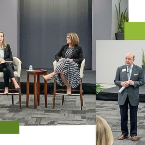 Two different photo's of people speaking at the second annual CDFI Convening