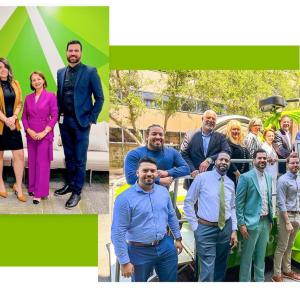 Collage of people posed. Some outside on a trailer with a large green bicycle.