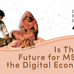 Two people seated, sewing pieces of cloth. "Center for financial inclusion Accion" and "Is there a future for MSEs in the digital economy?"