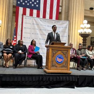 Cleveland Mayor Justin M. Bibb and City Council representatives shown.