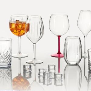 Glasses made from recycled polymers.