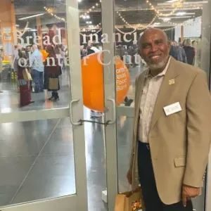 Calvin at the doors to the Bread Financial Volunteer Center.