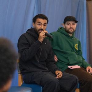 Converse CONS skate team rider Sage Elsesser, also known as the rapper Navy Blue and a featured performer at the Camp Flog Gnaw Carnival, spoke to students.
