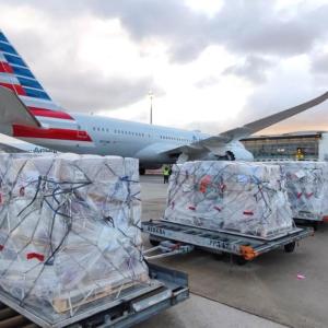 Pallets of cargo on a runway with two American Airlines planes behind them.