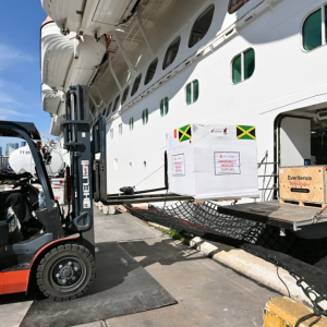 Emergency medical support is loaded onto a Carnival Cruise ship on Dec. 14, 2025, for delivery to Miami. (Brea Burkholz/Direct Relief)