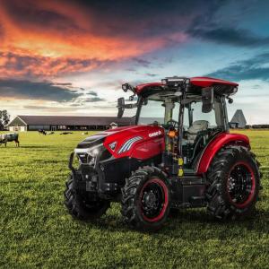 A red tractor in a field