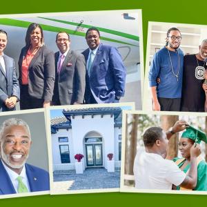 Four photos: Channing D. Thornton, 4 people in suits, a family with a baby, a graduation, a home 