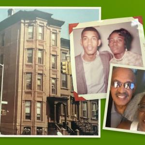 Brownstone and two photos: one an older couple and one an older photo of a young couple