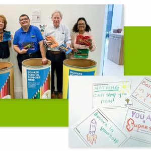 Collage of photos of people behind school supply collection bins and notes of thanks.