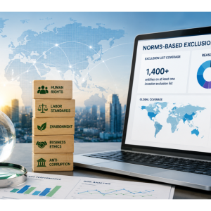 Corporate ESG compliance and norms monitoring illustration featuring a global dashboard, exclusion monitor metrics, world map, and risk analysis tools. The image highlights norms-based exclusion data, investor screening, ethics monitoring, and ESG benchmarking for companies worldwide.