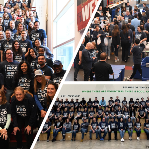 Collage of three photos of large groups of people in matching t-shirts.