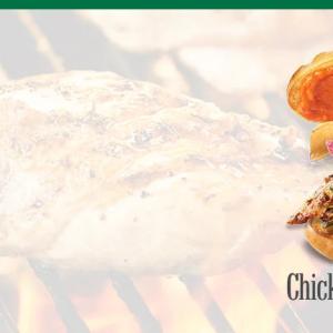 On a faded background of chicken on a flame grill, a chicken sandwich and "Chicken takes flight"