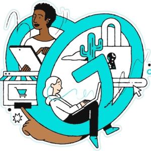Illustration showing people working inside the GoDaddy logo.