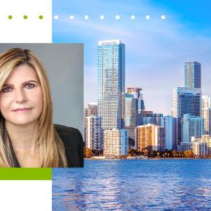 A headshot of a person on the left, on the right is a photo of a city skyline 