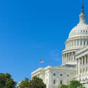 View of a while building and a clear blue sky 