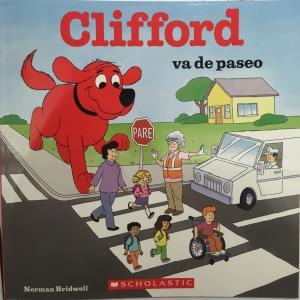 A cartoon drawing of Clifford the dog crossing the road with children while a crossing guard stops a car