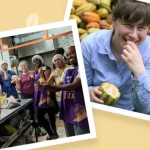 Two separate photo's of people with cocoa plants