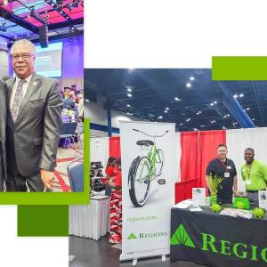 Two separate photo's from the community day expo. Photo on the left is two people attending the event and the photo on the right is of two people at a Regions event stand