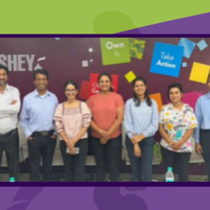 Three separate photo's of people inside Hershey's factory 