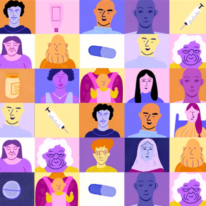 A collage of illustrated images of people and medicine 