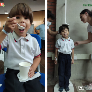 Two photos of children, one eating off a spoon, one getting their height measured.