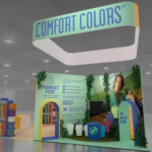 Comfort Colors® tradeshow booth highlighting the Pigment Pure™ dyeing process