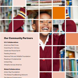 A child in school uniform smiling with a stack of books on their head, shelves of books behind them. A list on the side "Our Community Partners U.S. Collaborations American Red Cross Coaching for Literacy Celebrate Planet Earth Feeding America National Fish and Wildlife Foundation Reading is Fundamental United Way Wreaths Across America Global Collaborations Arbor Day Foundation The Global FoodBanking Network The Nature Conservancy World Wildlife Fund"