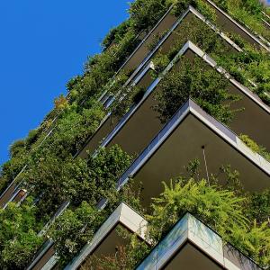 building with plants hanging over balcony