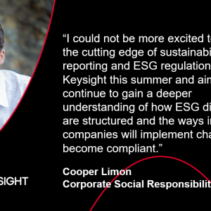 Cooper Limon and quote "I could not be more excited to work at the cutting edge of sustainability reporting and ESG regulation with Keysight..."