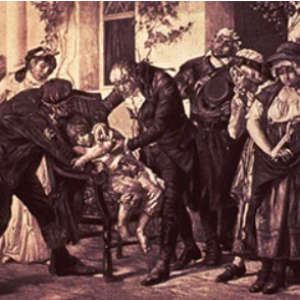 victorian style sepia drawing of a young person getting a vaccine while a small group watches