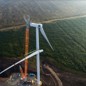 Aerial view of a wind turbine being assembled.