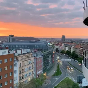 Building skyline and sunset