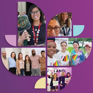 an image of a Qurate Retail Group team members in the center with a purple background. 