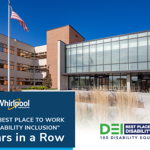 Photo of an office building with the text "Whirlpool named "best place to work for disability inclusion" 7 years in a row"