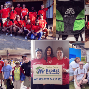 Collage of photos of different volunteer groups and partners including Habitat for Humanity, Special Olympics, Math Corps