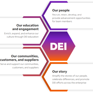 Info graphic "DEI" and categories "Our people, Our Education, Our story, etc."