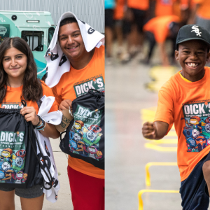 Kids shown with backpacks and running.
